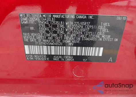 2010 Toyota Rav4 from USA, damaged, VIN 2T3ZF4DV0AW048520